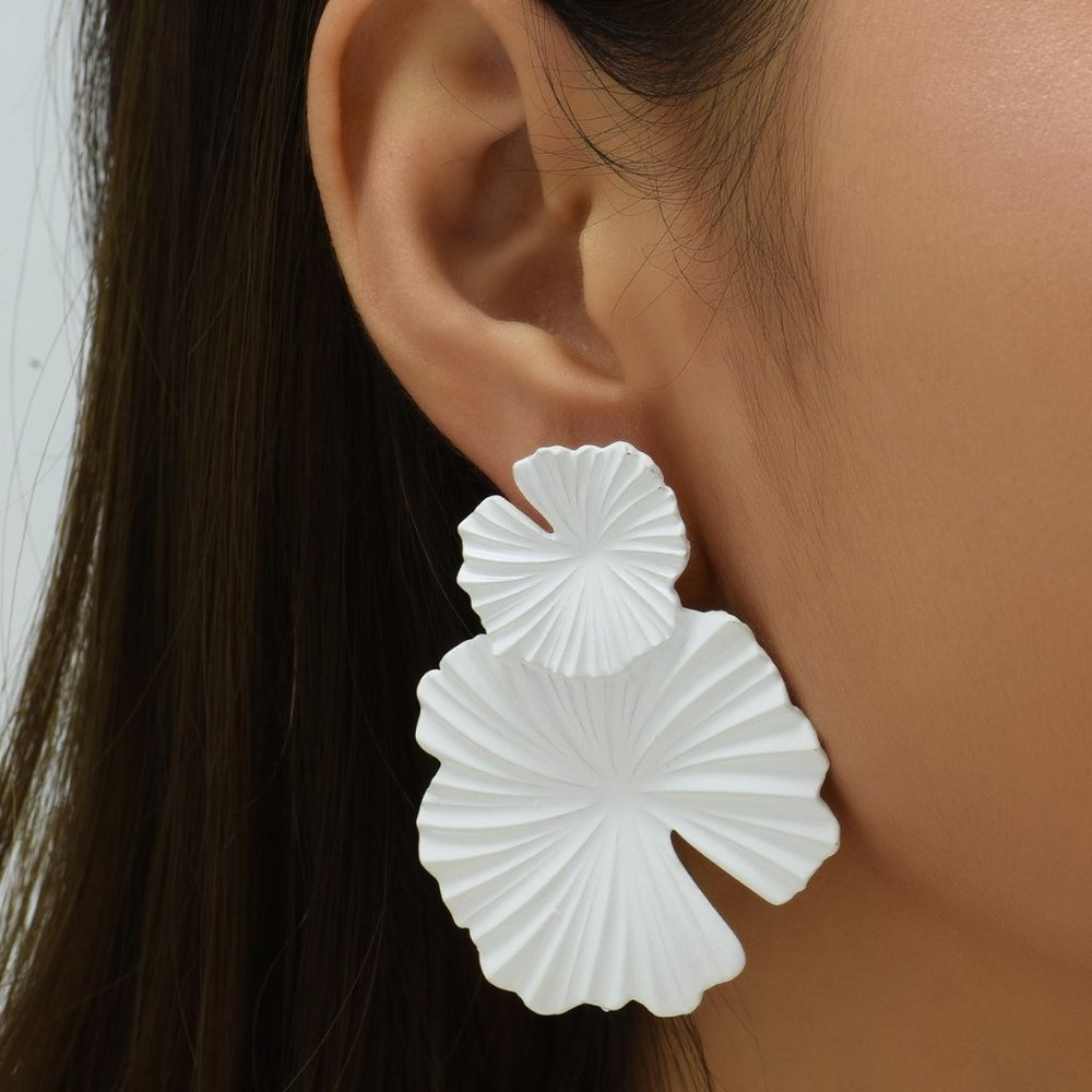 NEW White Large Pleated Flower Statement Earrings Pierced